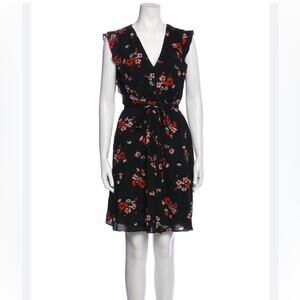 Rebecca Taylor black red floral ruffle v neckline silk dress 8